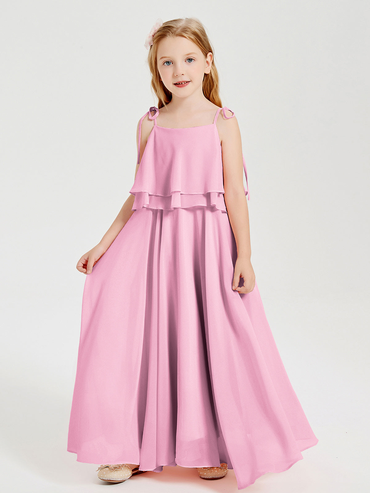 Chiffon Junior Bridesmaid Dresses Long Cascading Skirt Candy Pink